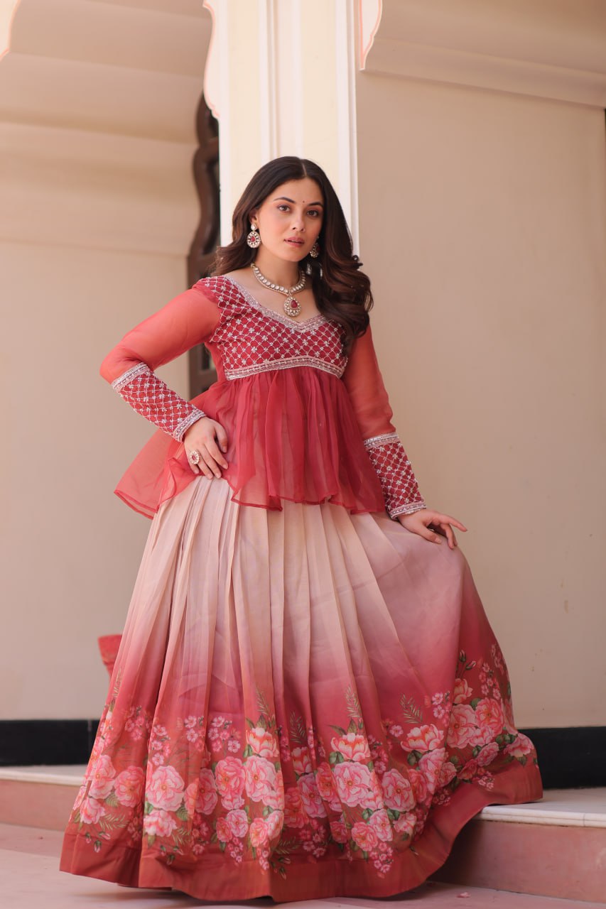 Gajri Elegant Floral Cosmos Print Lehenga Set with Embroidered Peplum Top ClothsVilla