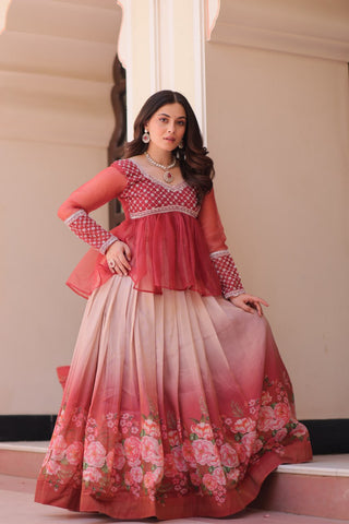 Gajri Elegant Floral Cosmos Print Lehenga Set with Embroidered Peplum Top ClothsVilla