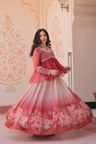 Gajri Elegant Floral Cosmos Print Lehenga Set with Embroidered Peplum Top ClothsVilla