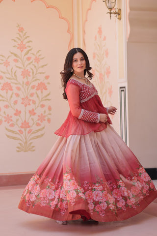 Gajri Elegant Floral Cosmos Print Lehenga Set with Embroidered Peplum Top ClothsVilla