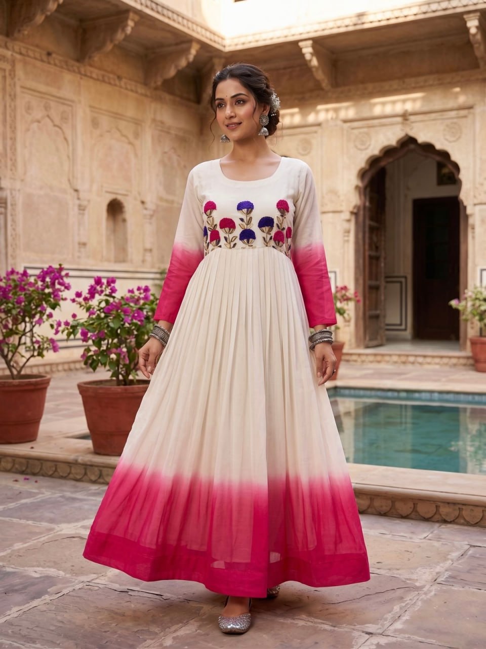 Georgette Gown with Woolen Thread Work ClothsVilla