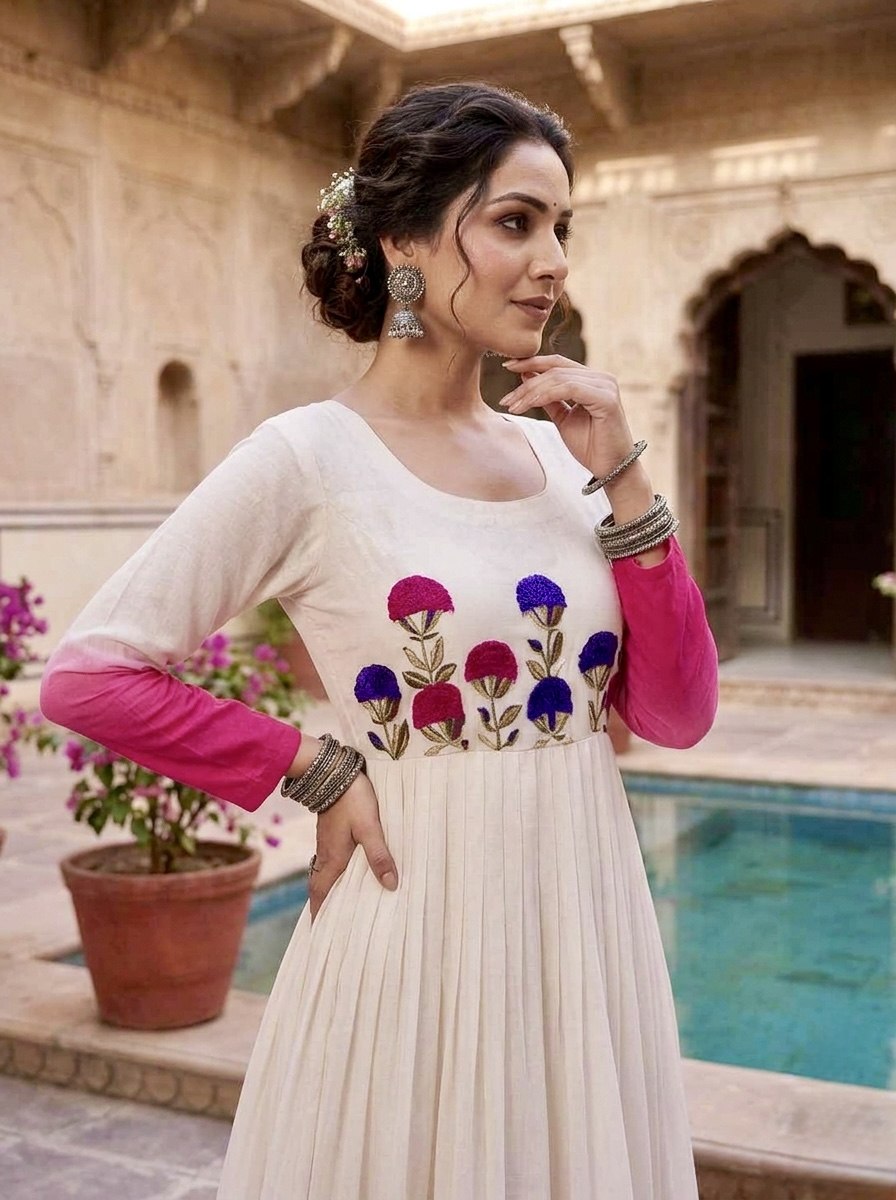 Georgette Gown with Woolen Thread Work ClothsVilla
