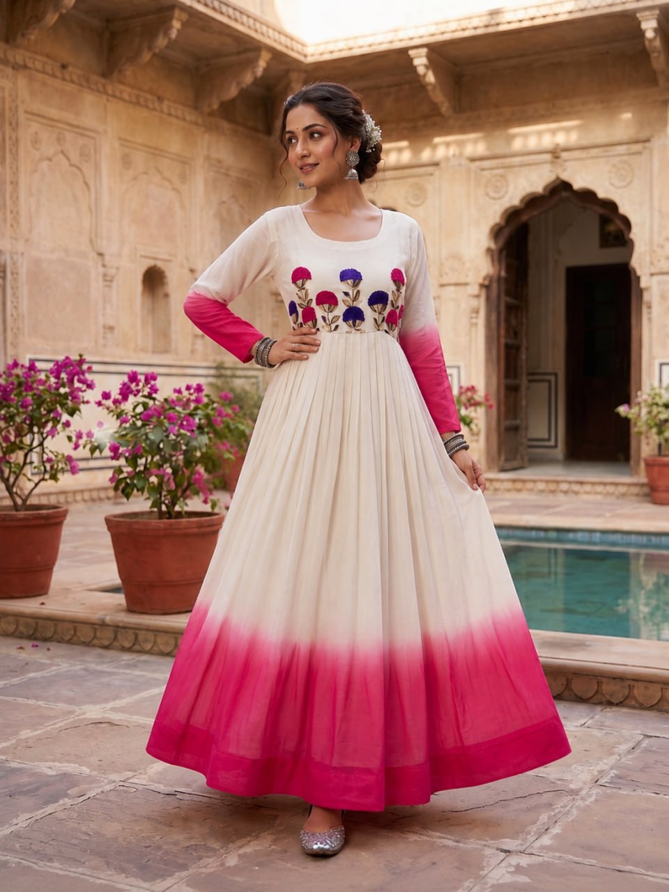 Georgette Gown with Woolen Thread Work ClothsVilla