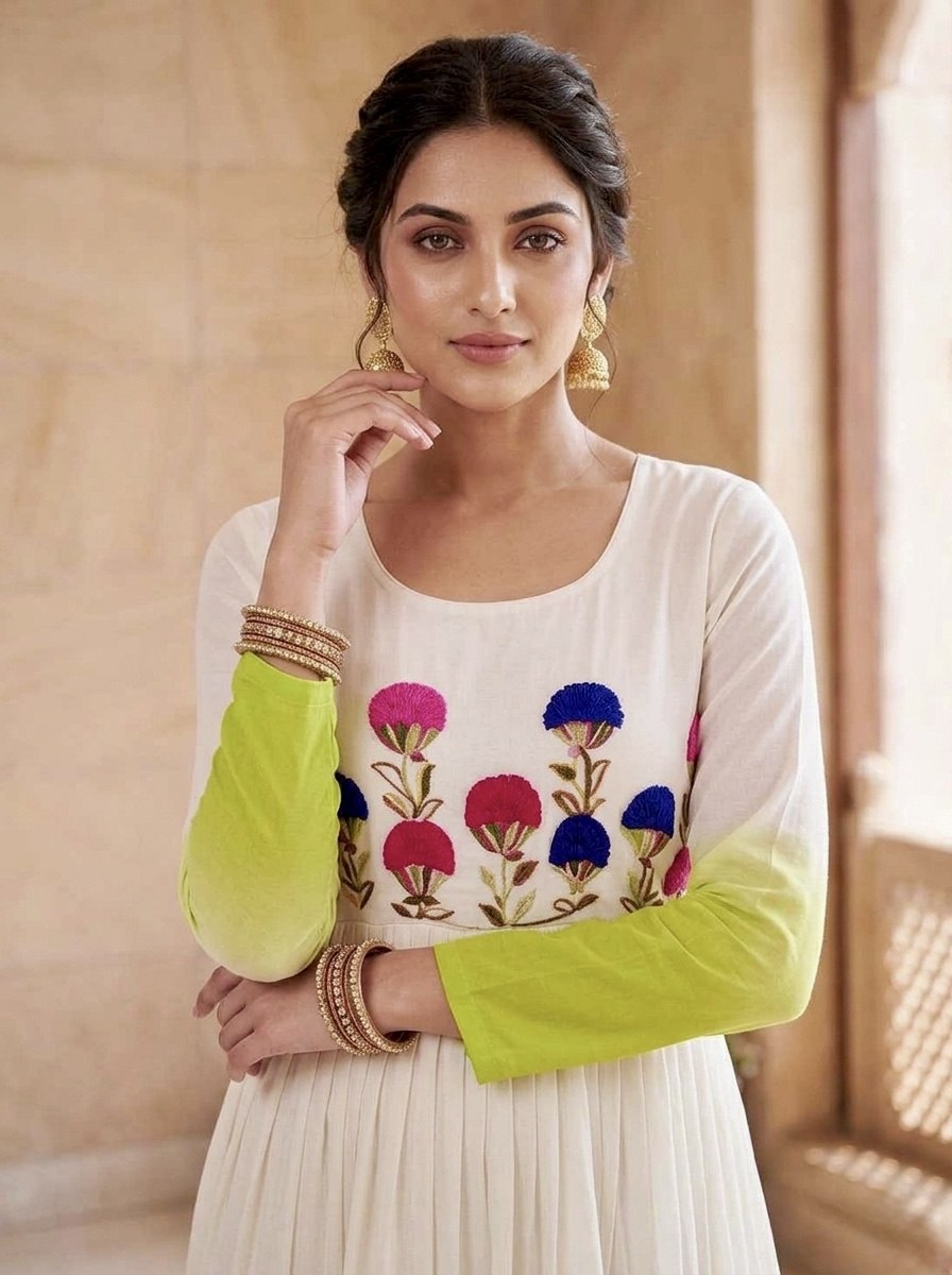 Georgette Gown with Woolen Thread Work ClothsVilla