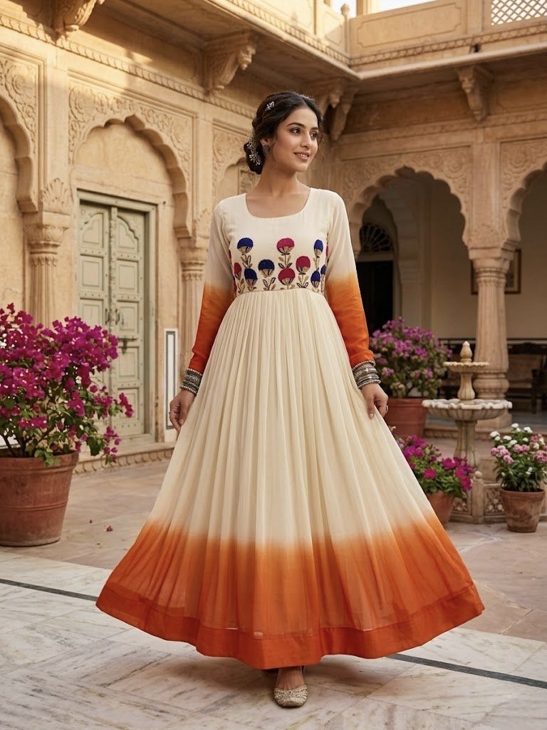 Georgette Gown with Woolen Thread Work ClothsVilla