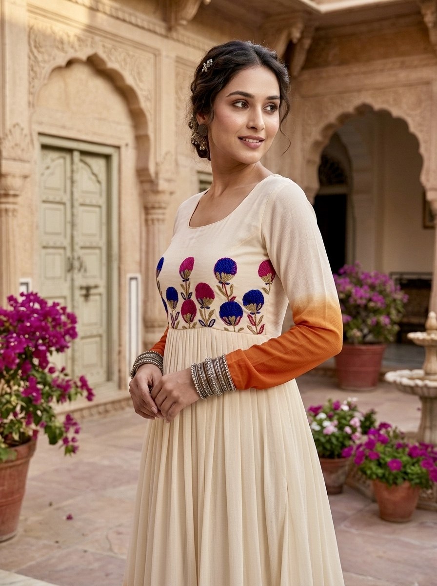 Georgette Gown with Woolen Thread Work ClothsVilla