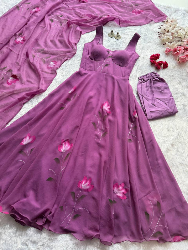 Mauve Purple Georgette Handpaint Zari Corset Anarkali Suit ClothsVilla