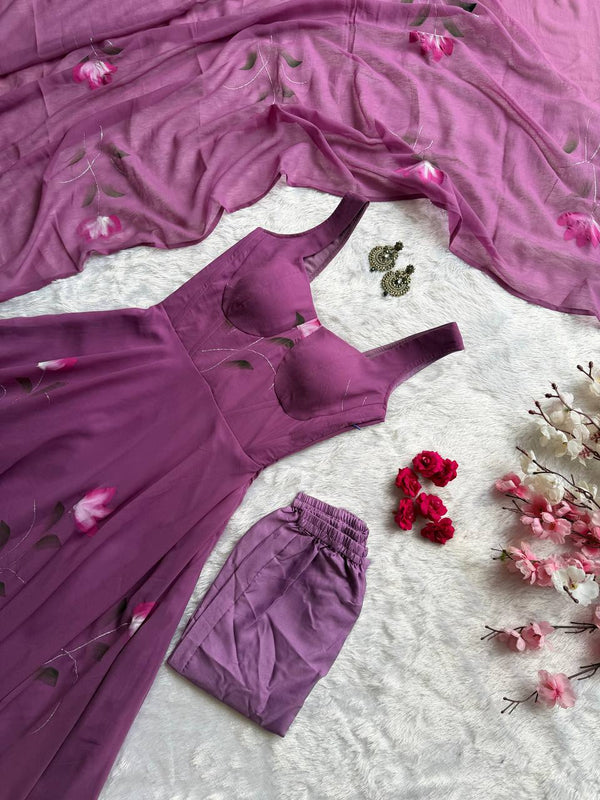 Mauve Purple Georgette Handpaint Zari Corset Anarkali Suit ClothsVilla