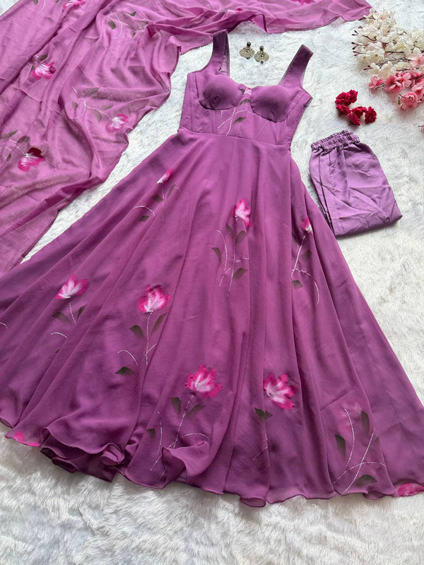 Mauve Purple Georgette Handpaint Zari Corset Anarkali Suit ClothsVilla