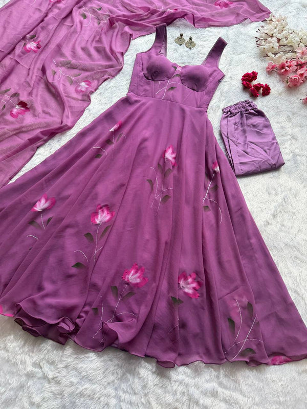 Mauve Purple Georgette Handpaint Zari Corset Anarkali Suit ClothsVilla