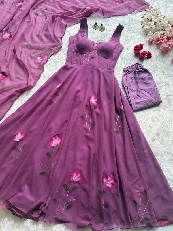Mauve Purple Georgette Handpaint Zari Corset Anarkali Suit ClothsVilla