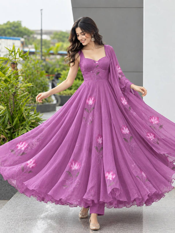Mauve Purple Georgette Handpaint Zari Corset Anarkali Suit ClothsVilla