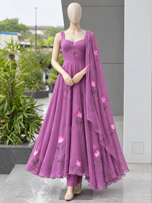 Mauve Purple Georgette Handpaint Zari Corset Anarkali Suit ClothsVilla