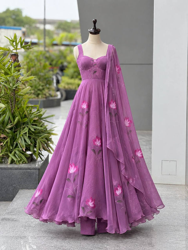 Mauve Purple Georgette Handpaint Zari Corset Anarkali Suit ClothsVilla