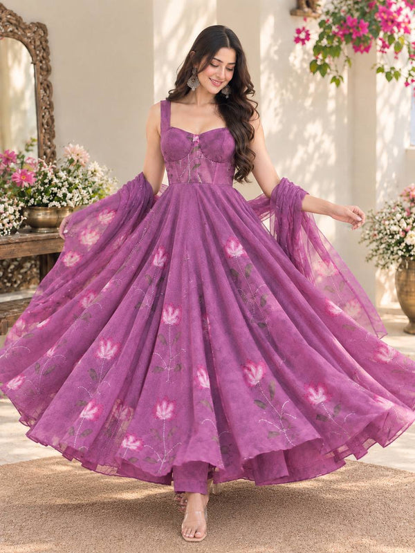 Mauve Purple Georgette Handpaint Zari Corset Anarkali Suit ClothsVilla