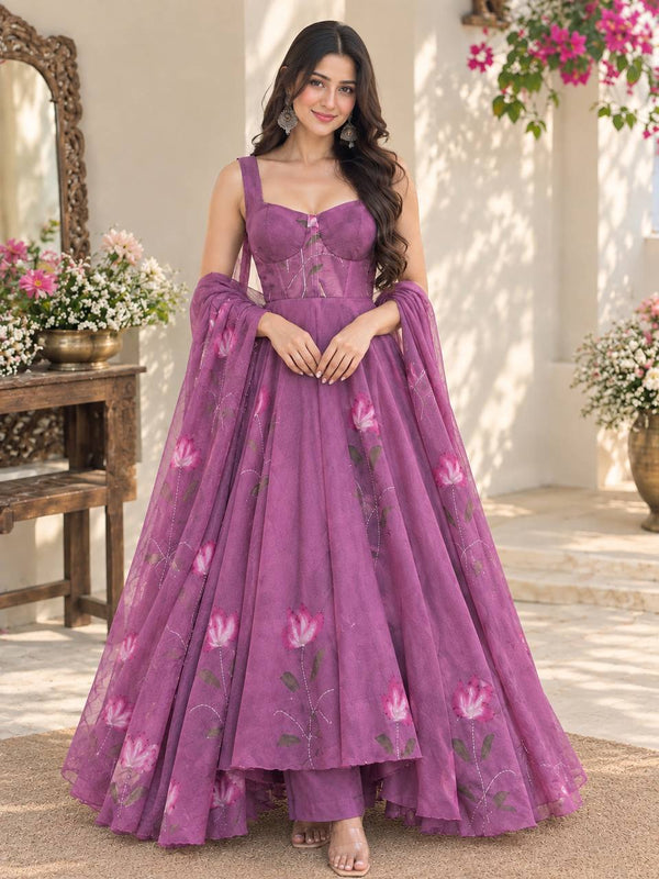 Mauve Purple Georgette Handpaint Zari Corset Anarkali Suit ClothsVilla