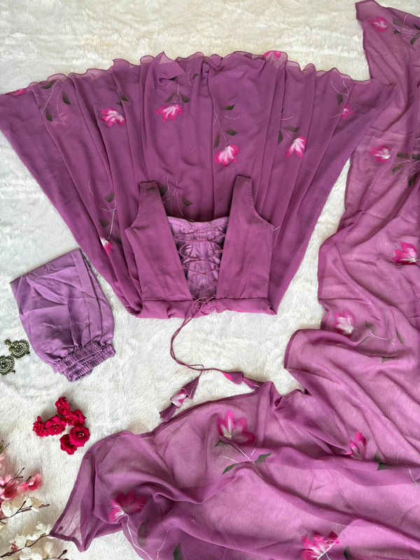Mauve Purple Georgette Handpaint Zari Corset Anarkali Suit ClothsVilla