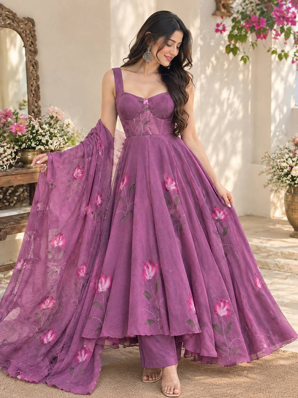 Mauve Purple Georgette Handpaint Zari Corset Anarkali Suit ClothsVilla