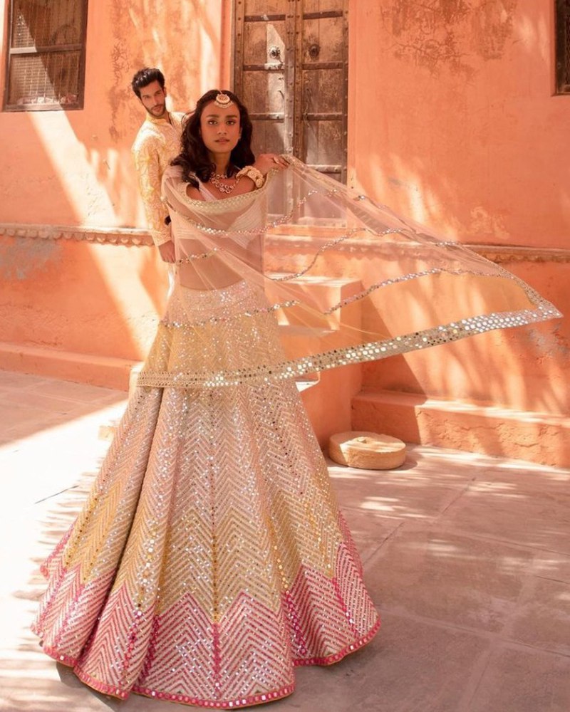 Georgette White Lehenga with Thread & Paper Mirror Embroidery Secondary image
