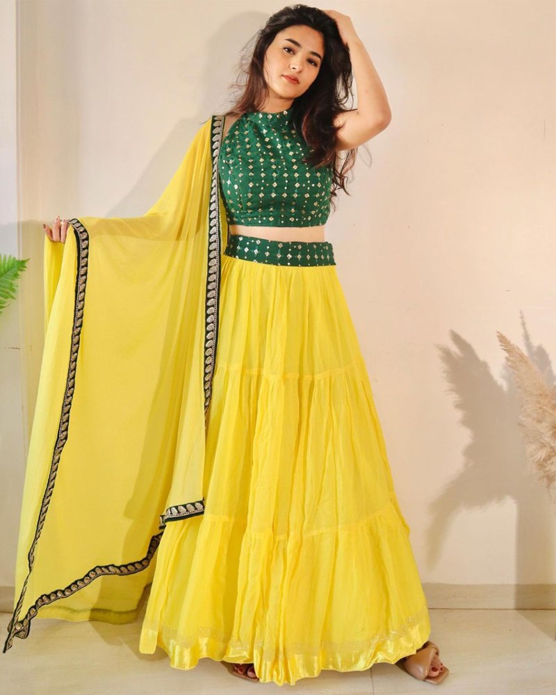 dark green and yellow combination dress Sharara Suit Dark Green And Yellow Combination Dress Zinc Yellow Green Semi-Stitched Georgette Sharara Suit