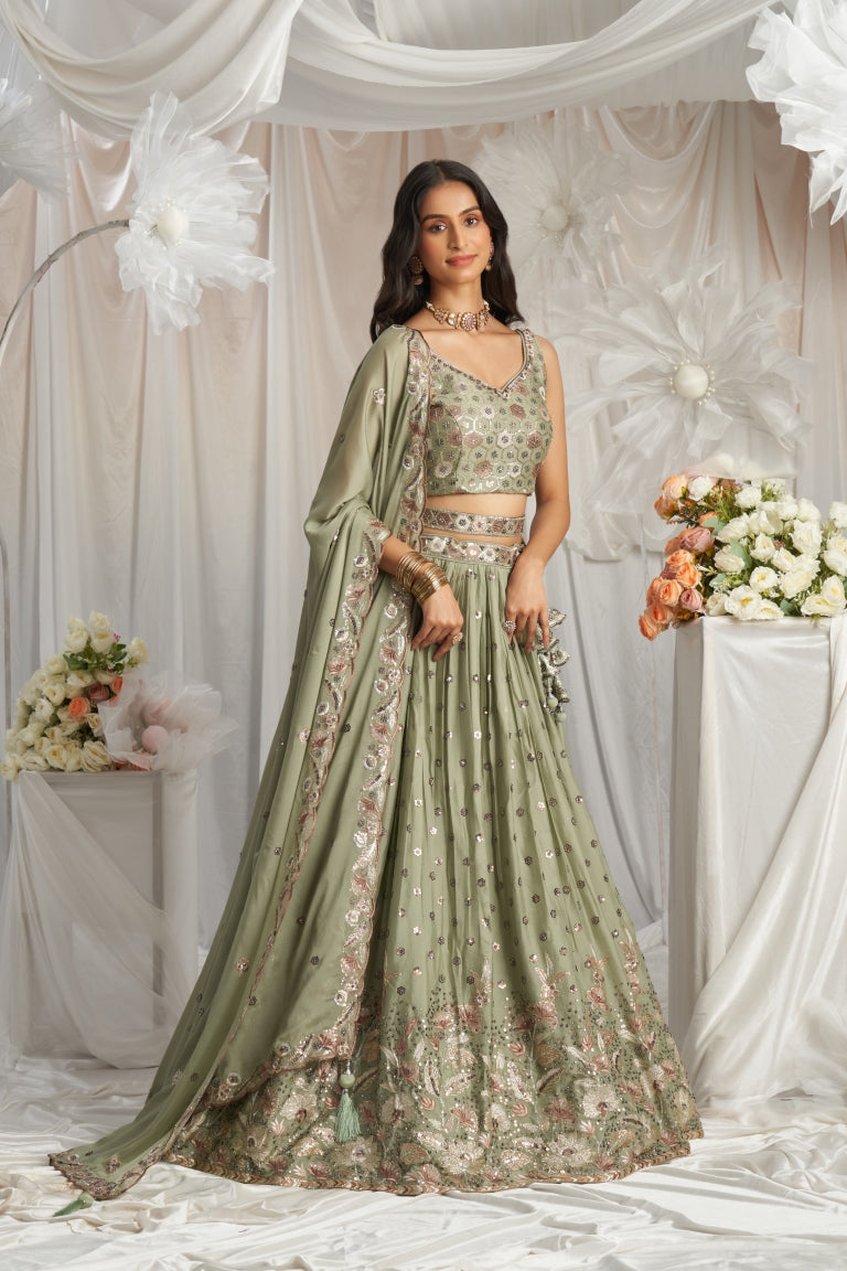 Georgette Sequin Embroidered Semi-Stitched Lehenga Choli with Dupatta Clothsvilla