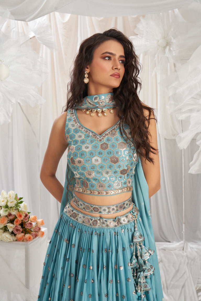 Georgette Sequin Embroidered Semi-Stitched Lehenga Choli with Dupatta Clothsvilla
