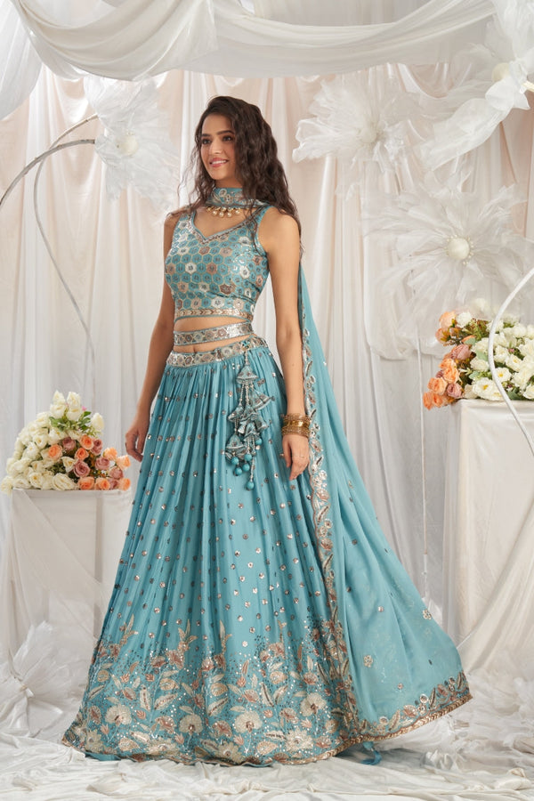 Georgette Sequin Embroidered Semi-Stitched Lehenga Choli with Dupatta Clothsvilla