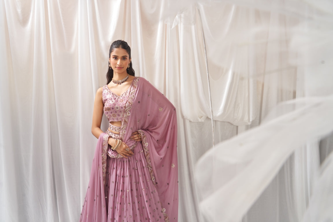 Georgette Sequin Embroidered Semi-Stitched Lehenga Choli with Dupatta Clothsvilla