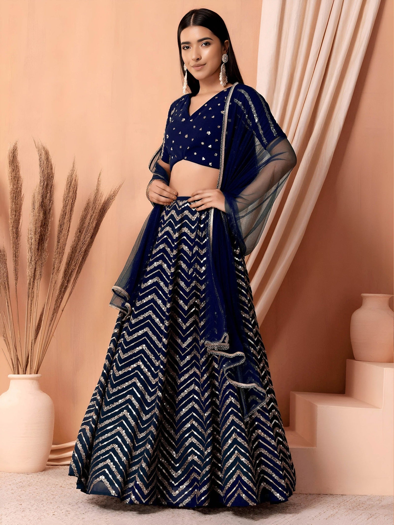 Georgette Zari Sequins Embroidered Lehenga Choli with Net Dupatta Clothsvilla