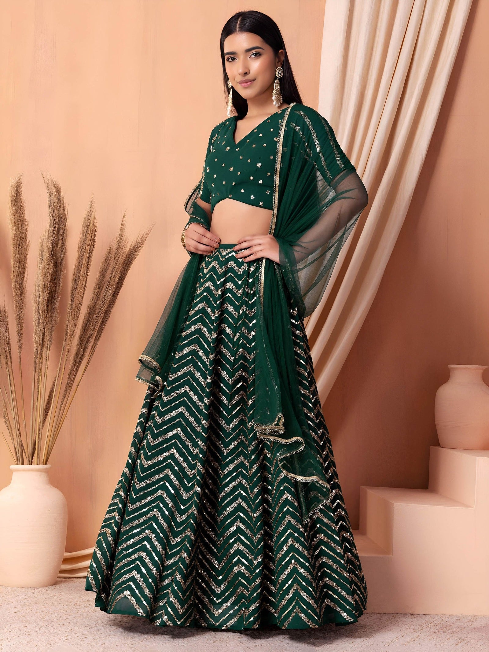 Georgette Zari Sequins Embroidered Lehenga Choli with Net Dupatta Clothsvilla