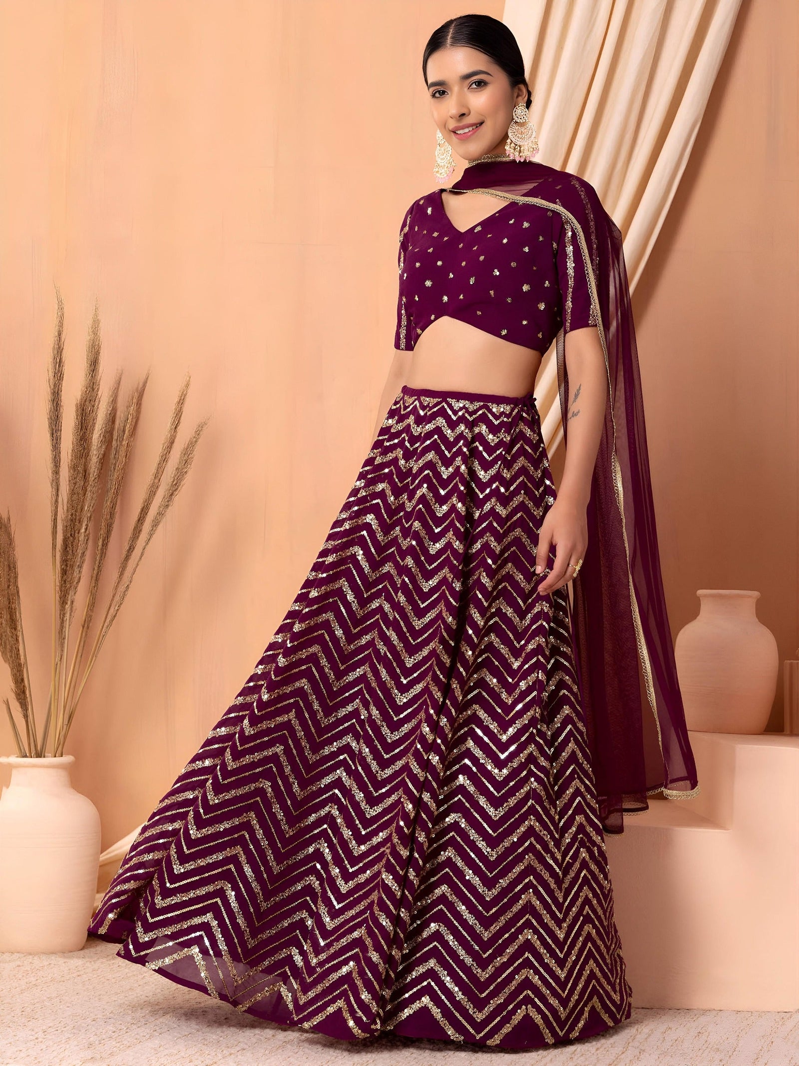 Georgette Zari Sequins Embroidered Lehenga Choli with Net Dupatta Clothsvilla