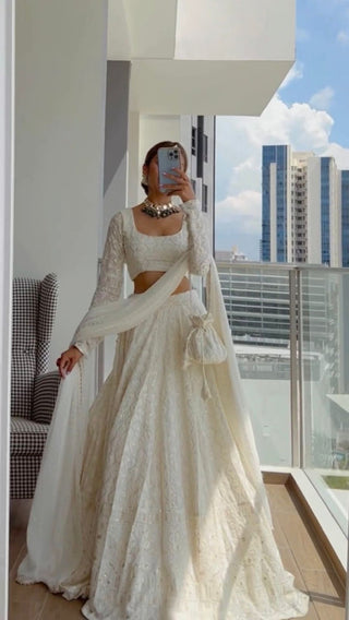 Glimmering White Designer Lehenga Sequenced Elegance for your Wedding Day ClothsVilla