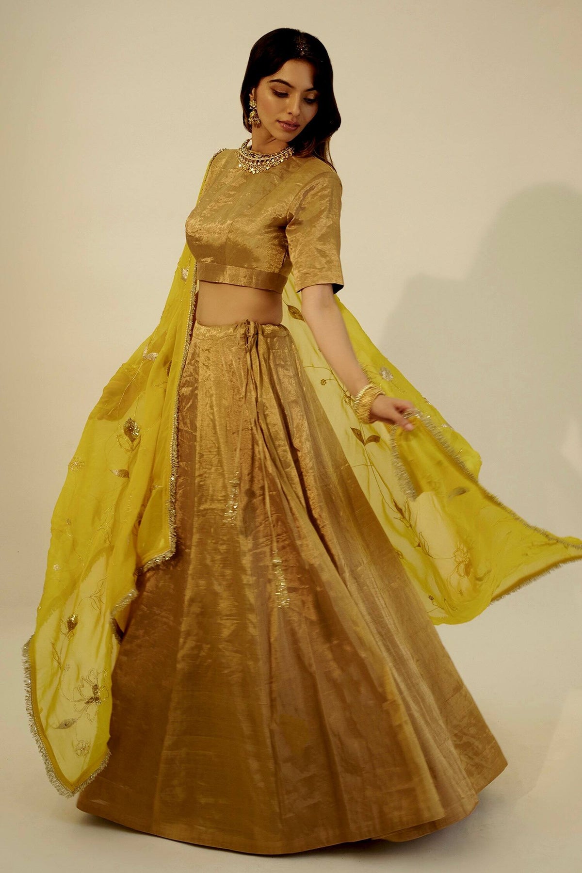 Gold Banarasi Zari Silk Lehenga Set with Sequins Georgette Dupatta ClothsVilla Main image