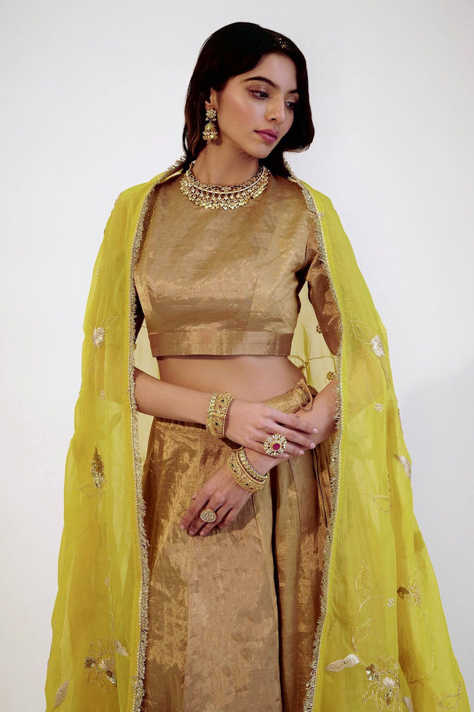 Gold Banarasi Zari Silk Lehenga Set with Sequins Georgette Dupatta ClothsVilla