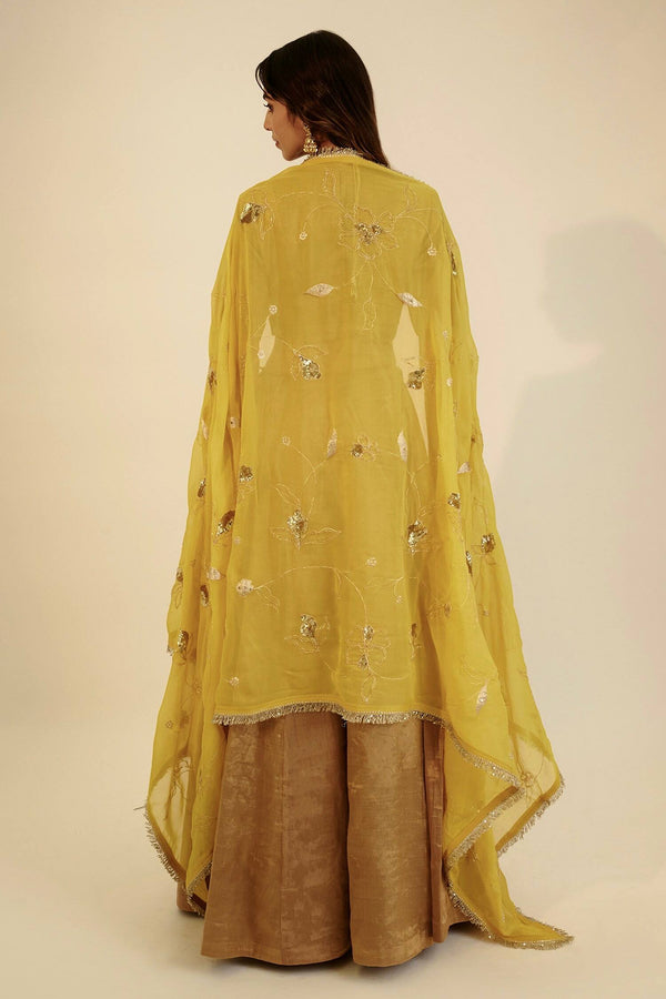 Gold Banarasi Zari Silk Lehenga Set with Sequins Georgette Dupatta ClothsVilla