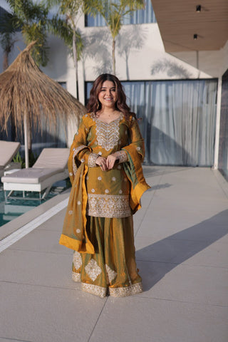 Gold Chiffon Embroidered Sharara Set ClothsVilla