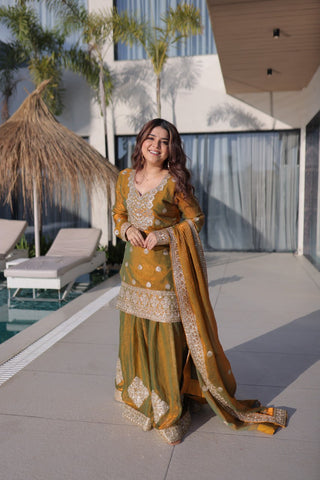 Gold Chiffon Embroidered Sharara Set ClothsVilla