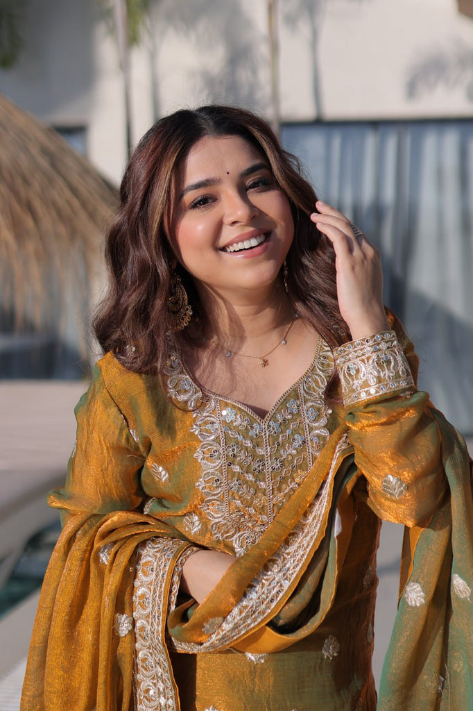 Gold Chiffon Embroidered Sharara Set ClothsVilla