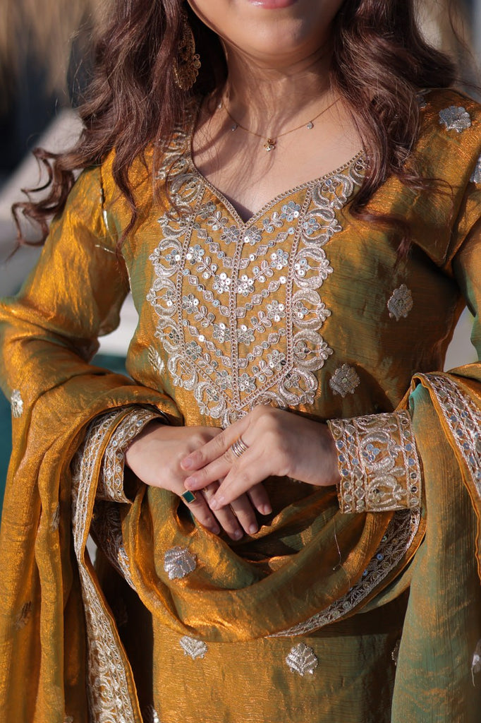 Gold Chiffon Embroidered Sharara Set ClothsVilla