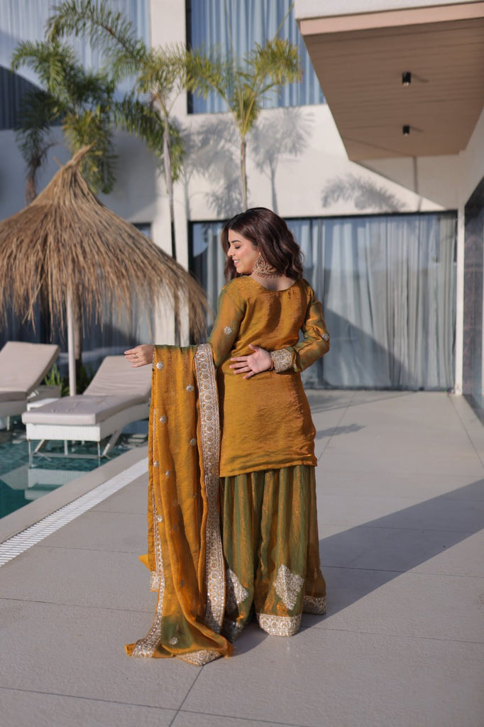 Gold Chiffon Embroidered Sharara Set ClothsVilla