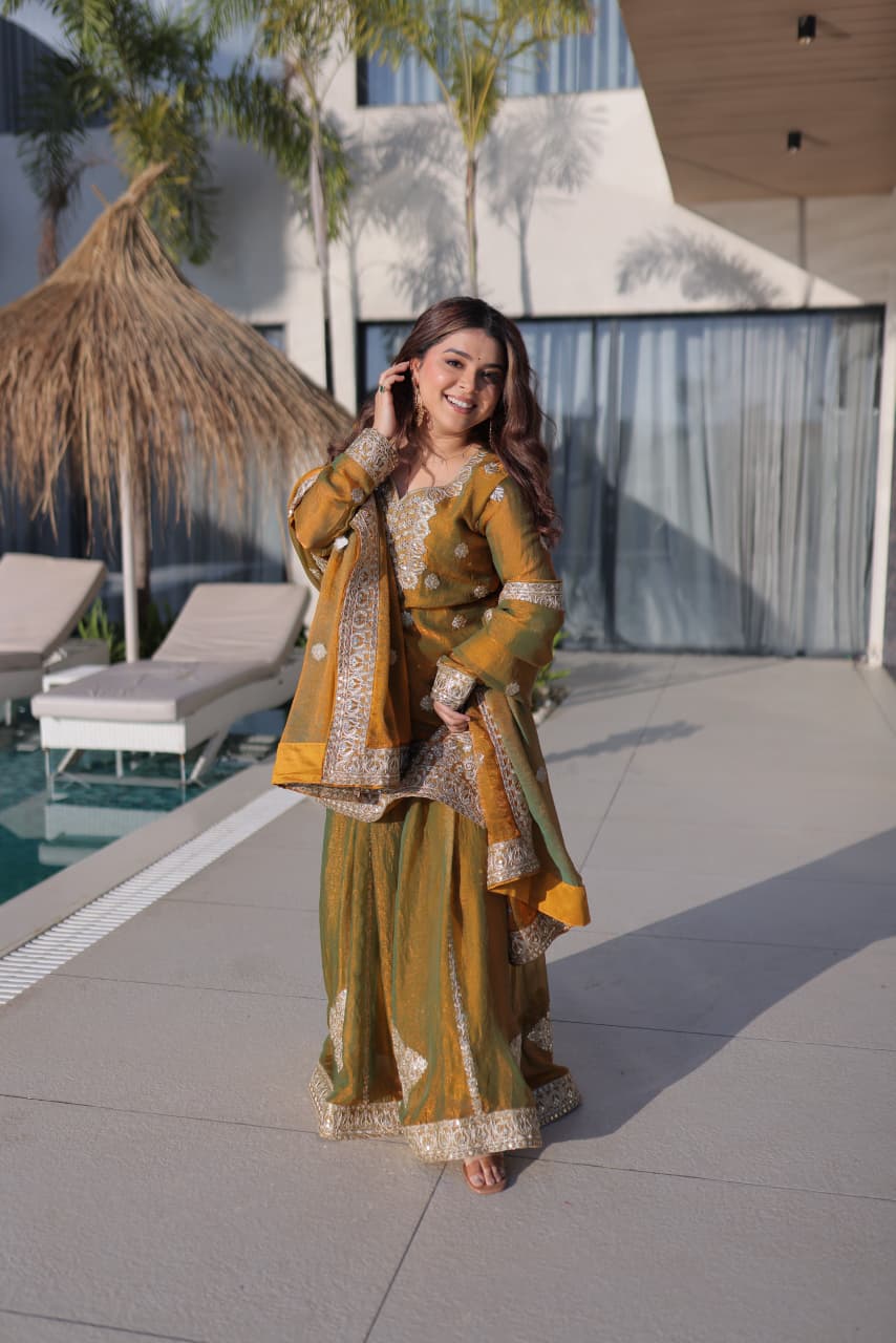 Gold Chiffon Embroidered Sharara Set ClothsVilla