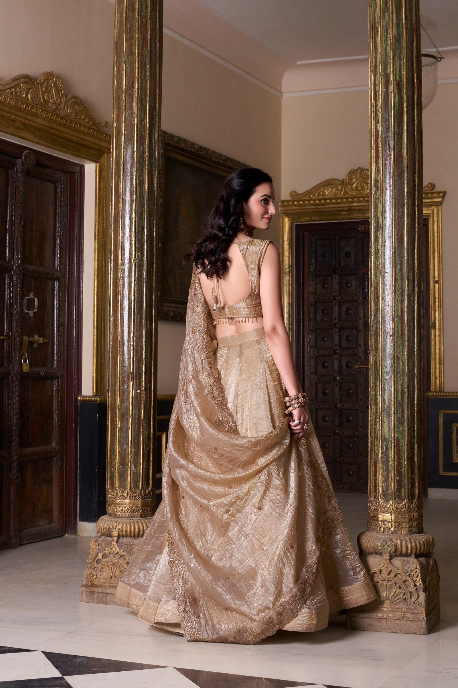 Gold Crush Lehenga with Sequins Work ClothsVilla