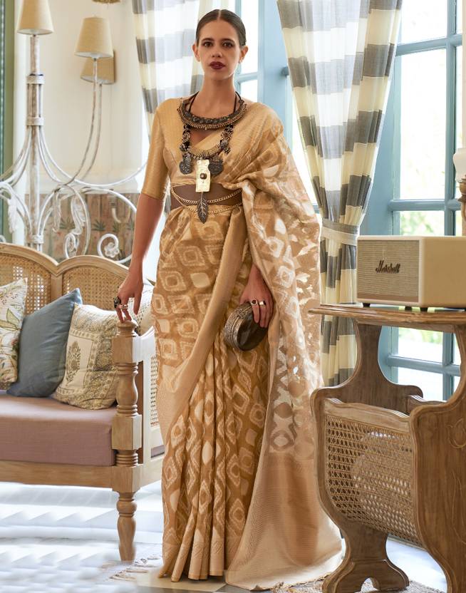 Gold Elegant Handloom Organza Woven Bollywood Saree with Unstitched Blouse Piece ClothsVilla Main image