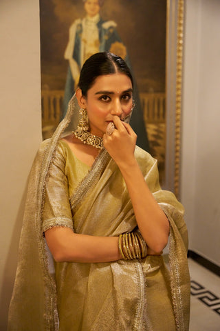 Gold Elegant Tissue Shimmer Saree with Zari Weaving and Sequins Lace Border ClothsVilla