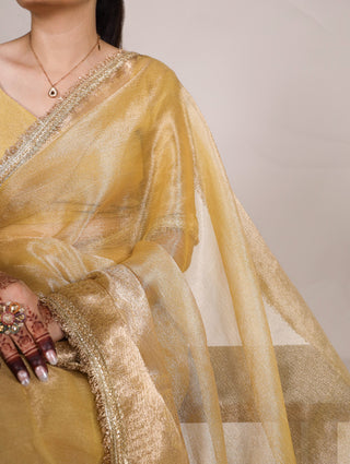 Gold Elegant Tissue Shimmer Saree with Zari Weaving and Sequins Lace Border