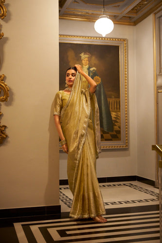 Gold Elegant Tissue Shimmer Saree with Zari Weaving and Sequins Lace Border ClothsVilla