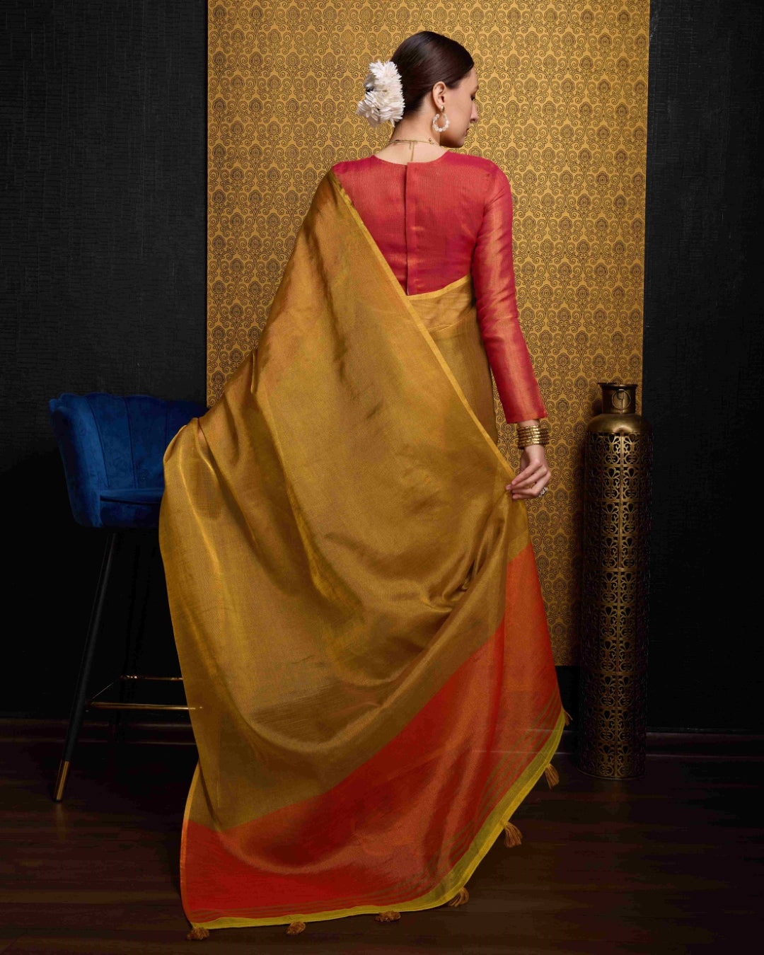 Gold Elegant Woven Design Linen Blend Saree with Zari Border ClothsVilla