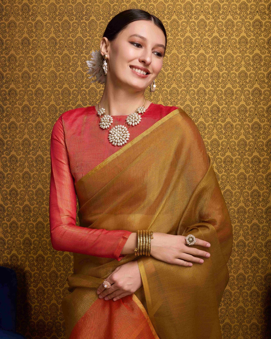 Gold Elegant Woven Design Linen Blend Saree with Zari Border ClothsVilla