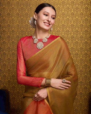 Gold Elegant Woven Design Linen Blend Saree with Zari Border ClothsVilla