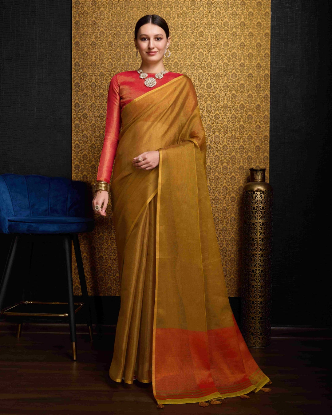 Gold Elegant Woven Design Linen Blend Saree with Zari Border ClothsVilla Main image